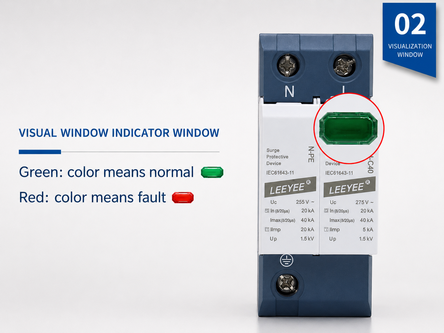 Surge protective device with visual indicator green and red status window