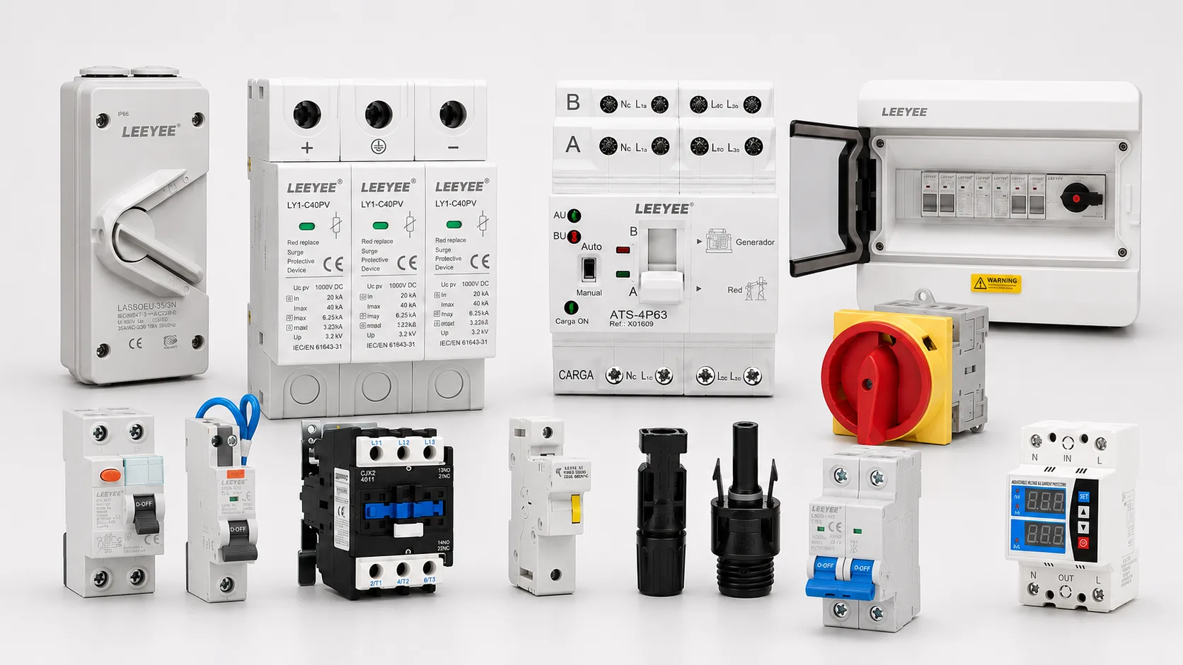 LEEYEE product family lineup including SPDs, breakers, isolators, voltage protectors, solar connectors, ATS, and distribution boxes