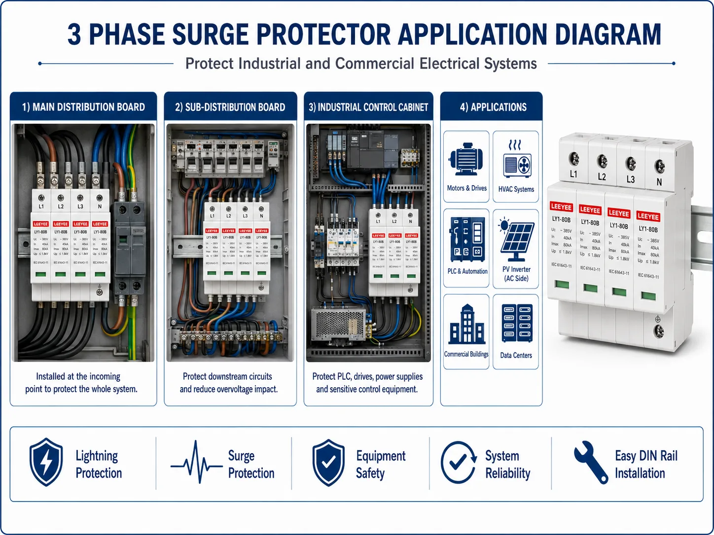 3 phase surge protector installed in industrial distribution board sub-distribution board and control cabinet