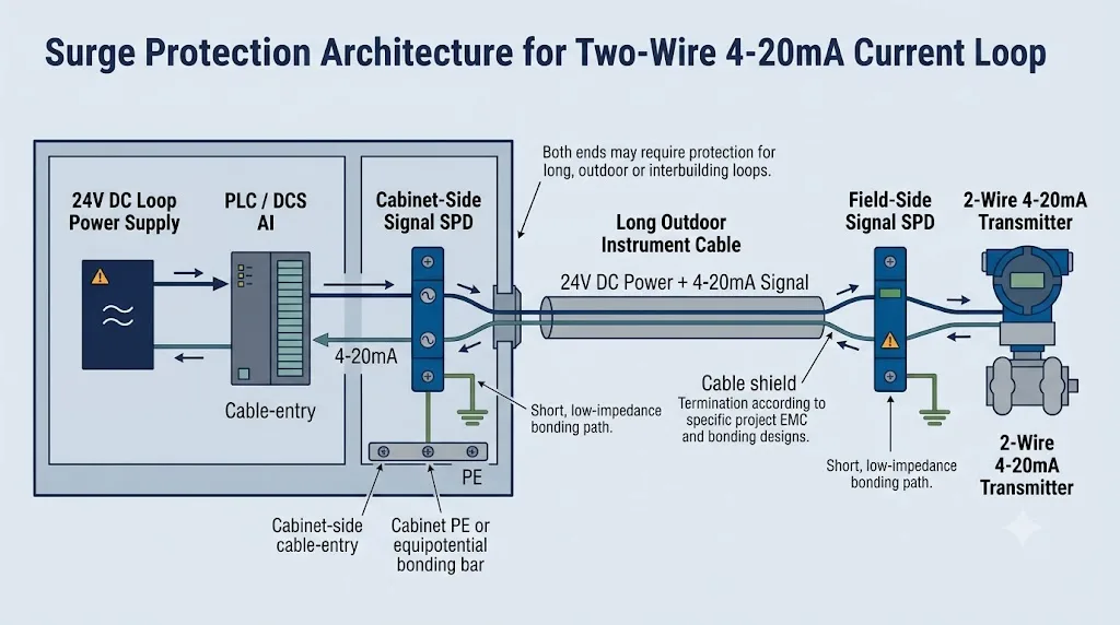 Two-wire 4-20mA current loop surge protection architecture with field-side and control-cabinet SPDs