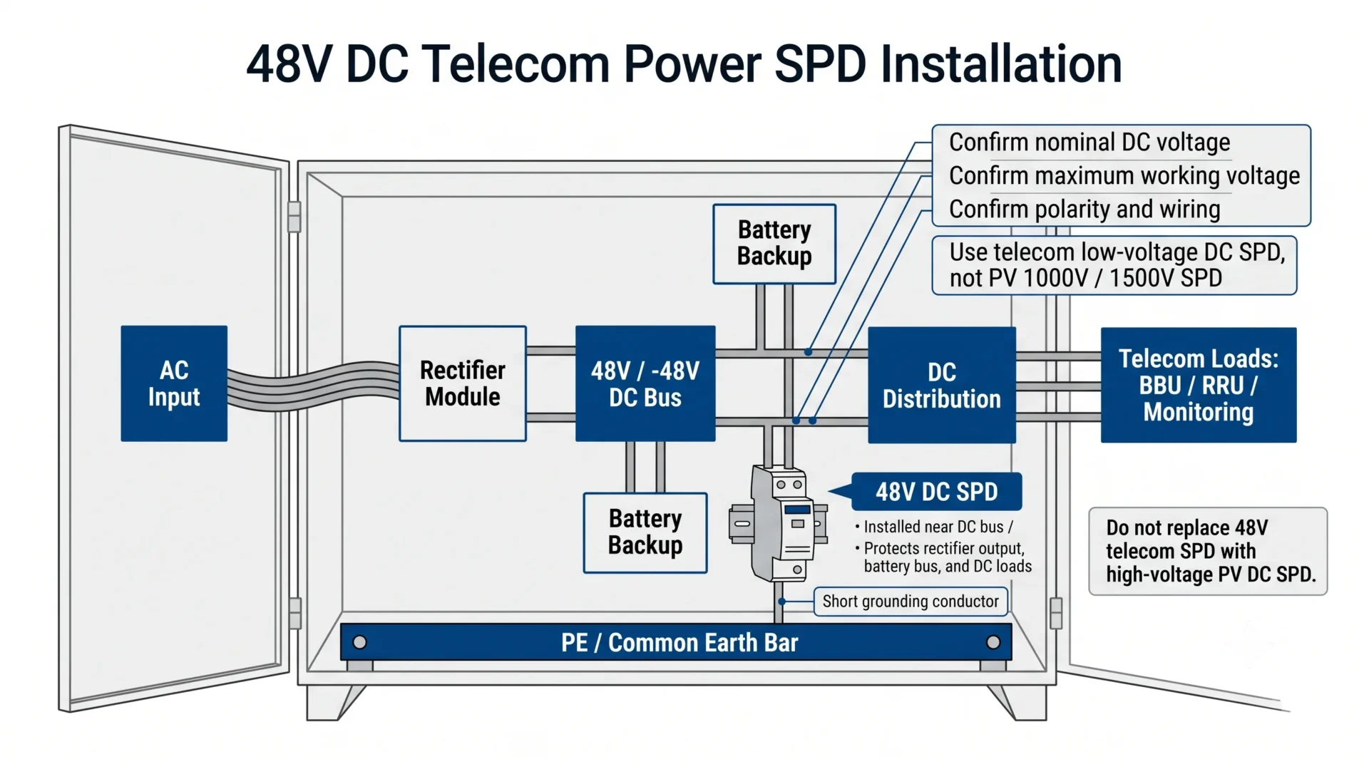 48V DC telecom power SPD installation diagram for rectifier output, battery bus, and DC distribution cabinet