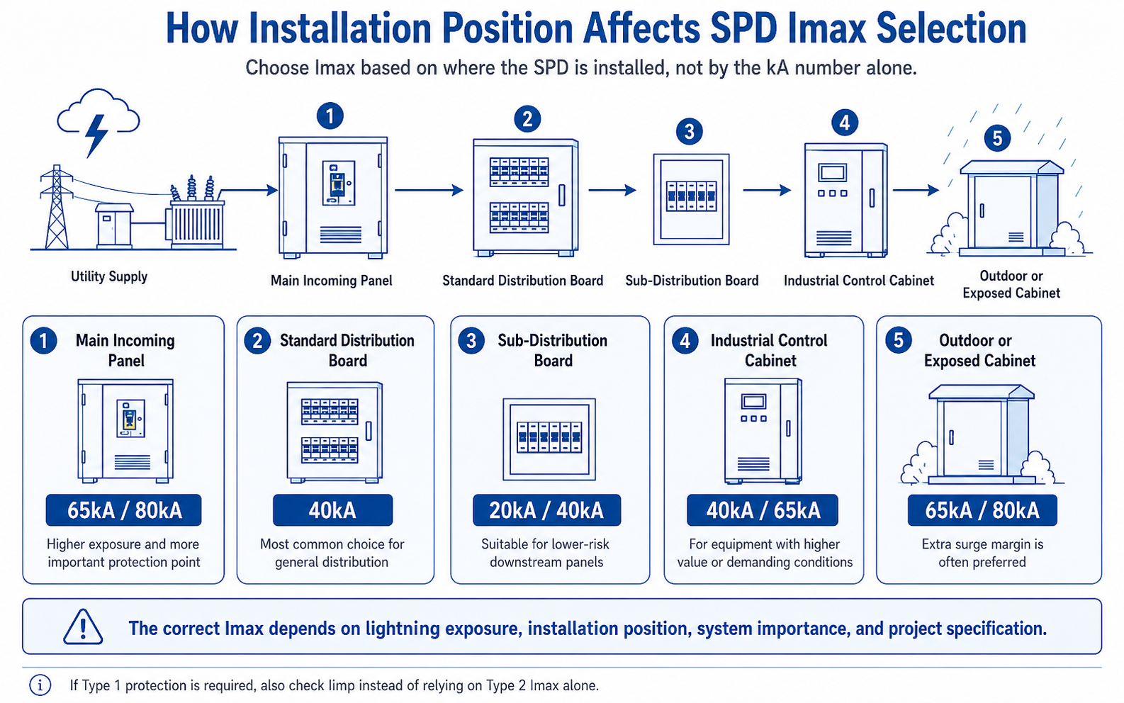 SPD Imax selection by installation position for main incoming panel, distribution board, sub-distribution board, industrial control cabinet, and outdoor cabinet