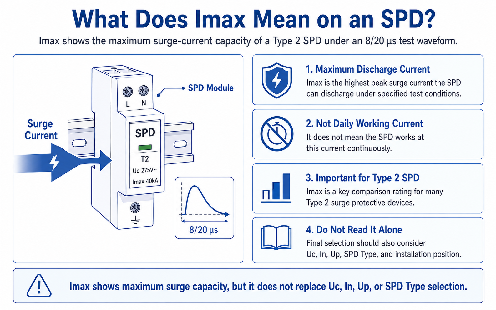 Diagram explaining SPD Imax maximum discharge current and 8/20 microsecond surge waveform