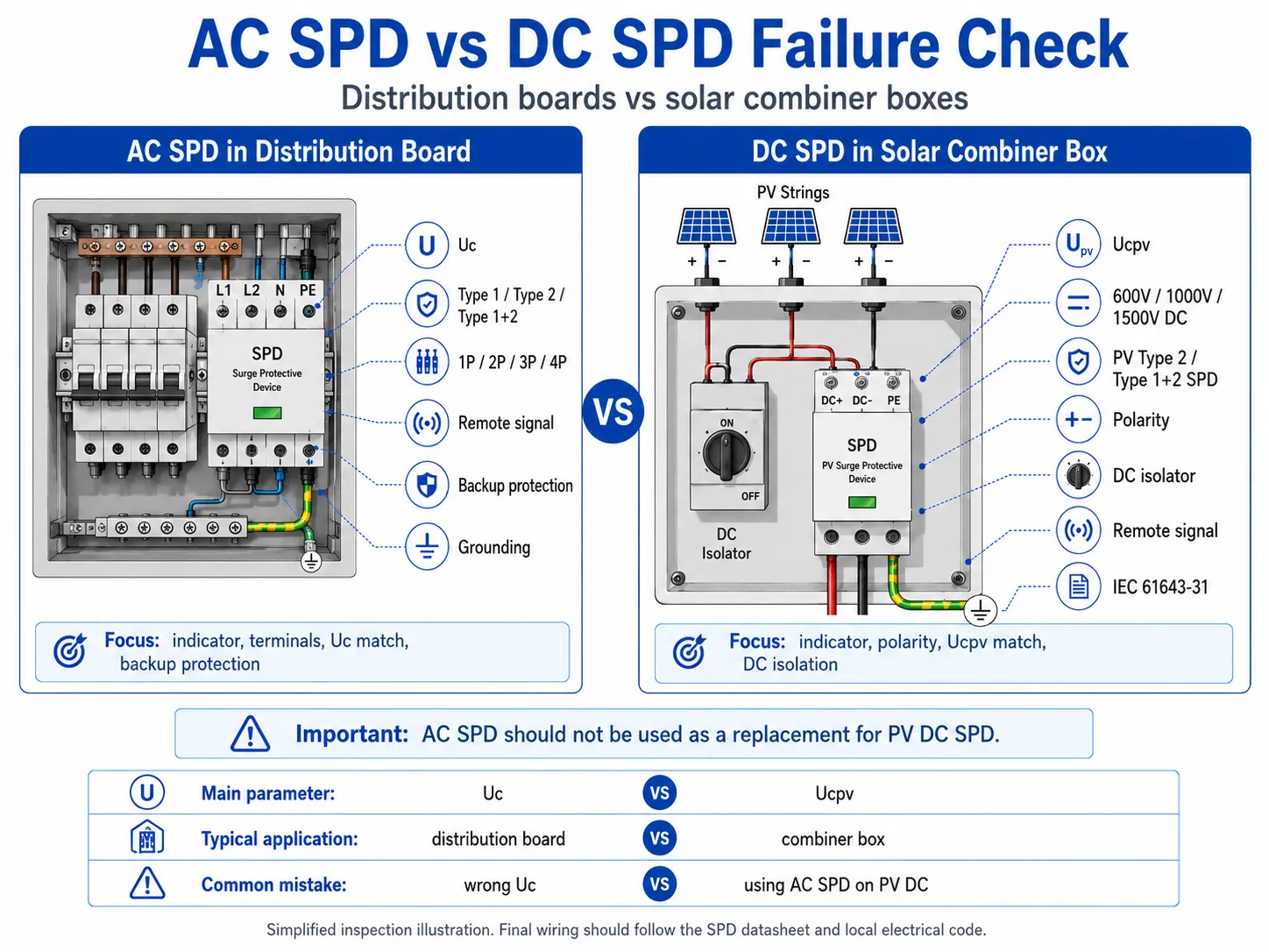 AC SPD and DC SPD failure check difference in distribution boards and solar combiner boxes