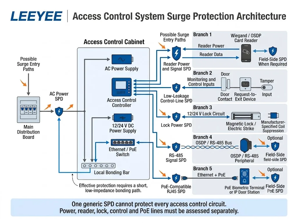 Access control system surge protection architecture for power, reader, lock, control and PoE lines