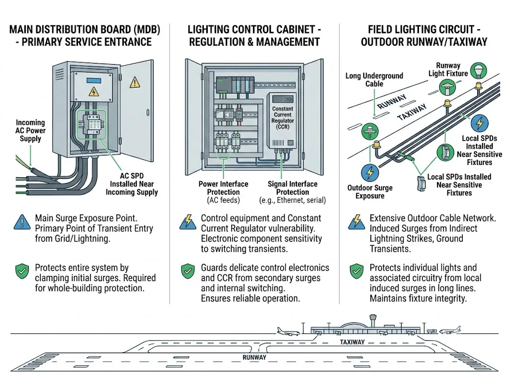 Airport lighting SPD installation point comparison for main distribution, control cabinets and field lighting circuits