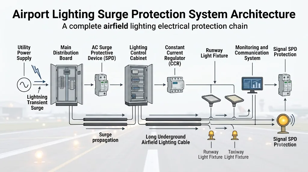Airport lighting surge protection architecture showing power distribution, control cabinet, CCR, field lighting and signal protection points
