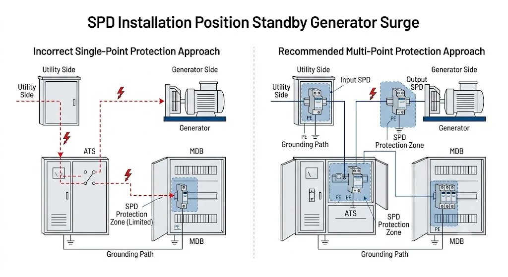 ATS and generator surge protection installation position comparison for standby power systems