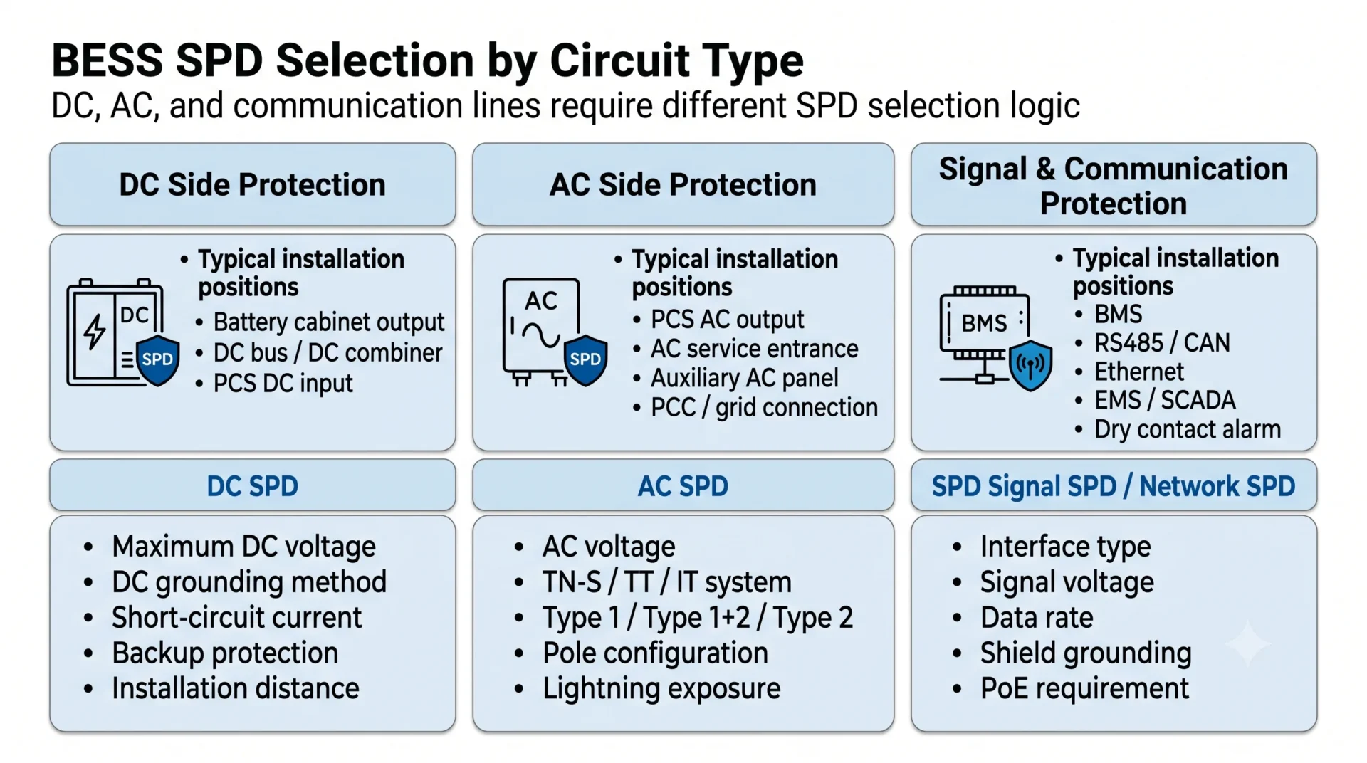 BESS SPD selection table for DC side AC side PCS and signal communication lines