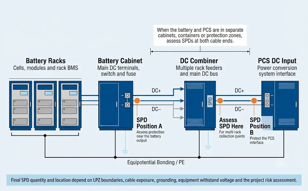 BESS DC SPD installation positions between battery racks, DC combiner and PCS