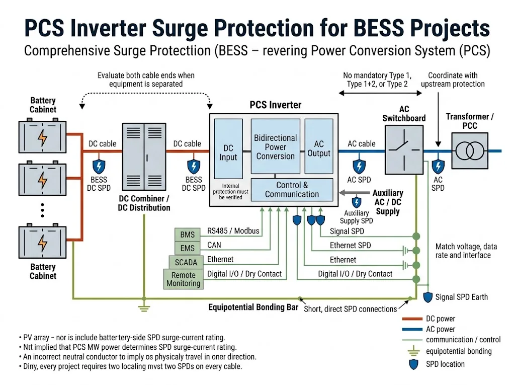 BESS PCS inverter surge protection architecture showing AC, DC and communication interface protection