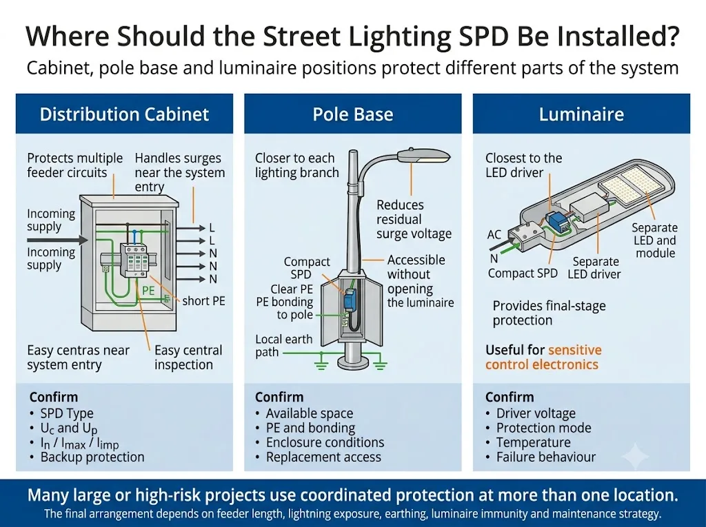 Comparison of street lighting SPD installation in the distribution cabinet, pole base and LED luminaire