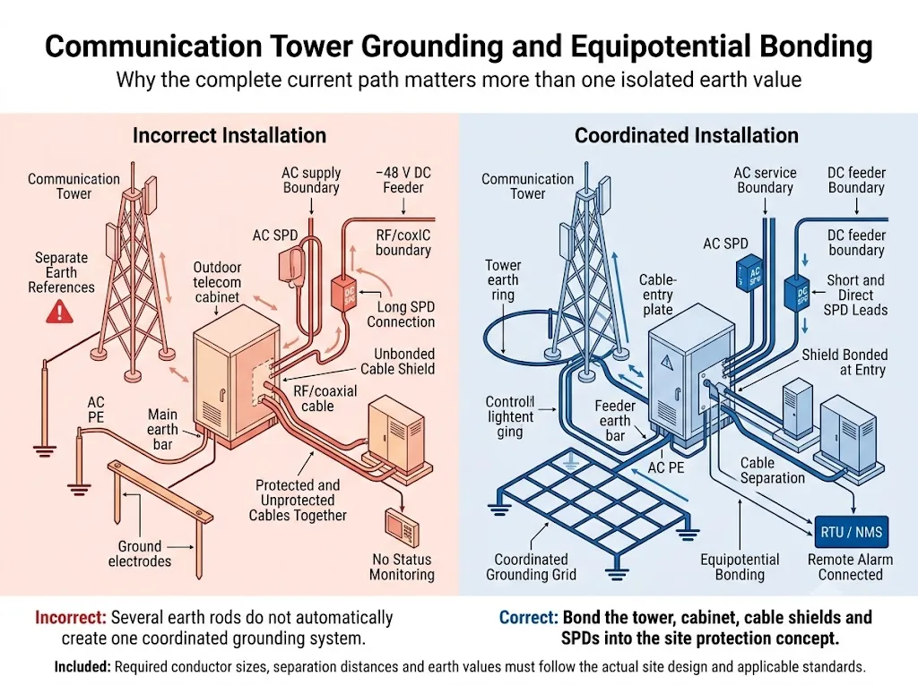 Correct and incorrect communication tower grounding, equipotential bonding and SPD installation comparison