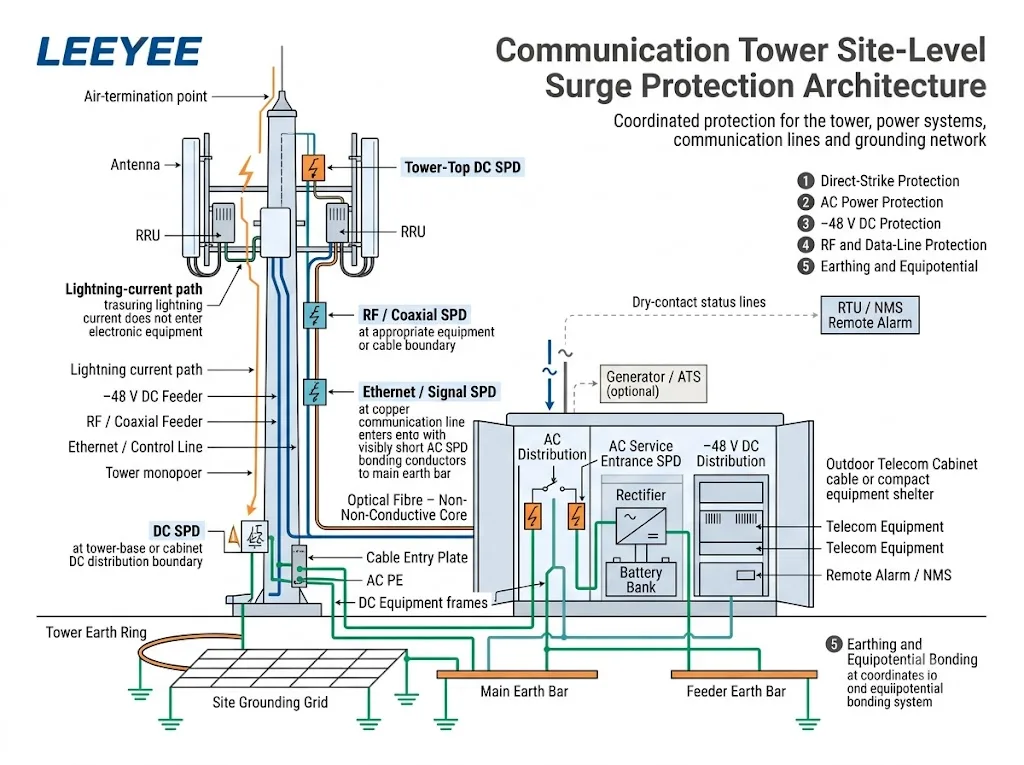 Communication tower site-level surge protection architecture for AC power, 48V DC, RF, data lines and grounding