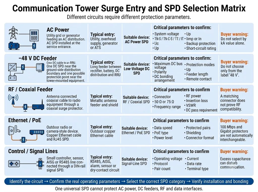 Communication tower surge entry paths and SPD selection requirements for AC, 48V DC, RF, Ethernet and control lines