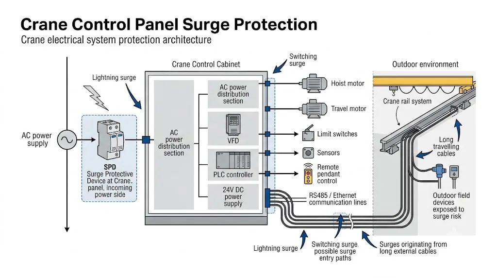 Crane control panel surge protection architecture showing AC power, VFD, PLC, control signals and outdoor equipment protection points