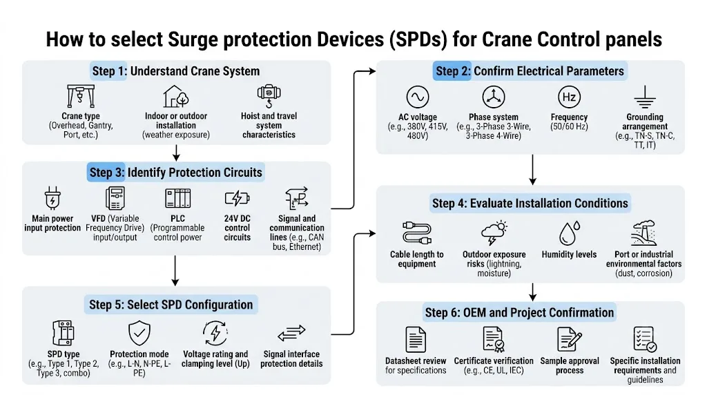 Crane SPD selection workflow from system information review to final protection configuration confirmation