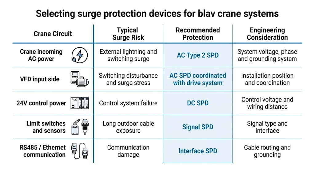 Crane system SPD selection comparison showing protection requirements for power, VFD, control and communication circuits