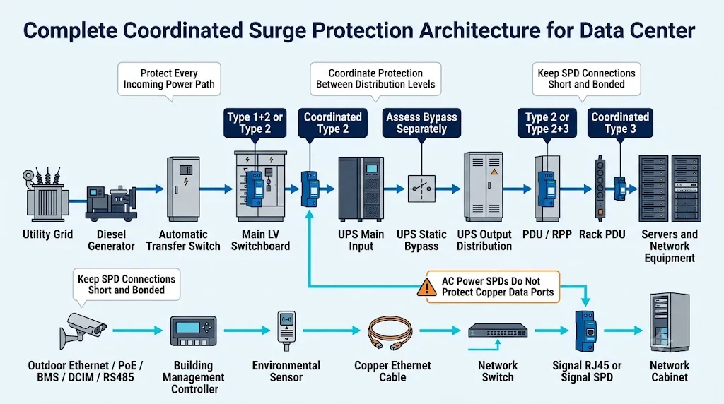Data center surge protection architecture from the main low-voltage panel through UPS, PDU and network cabinets