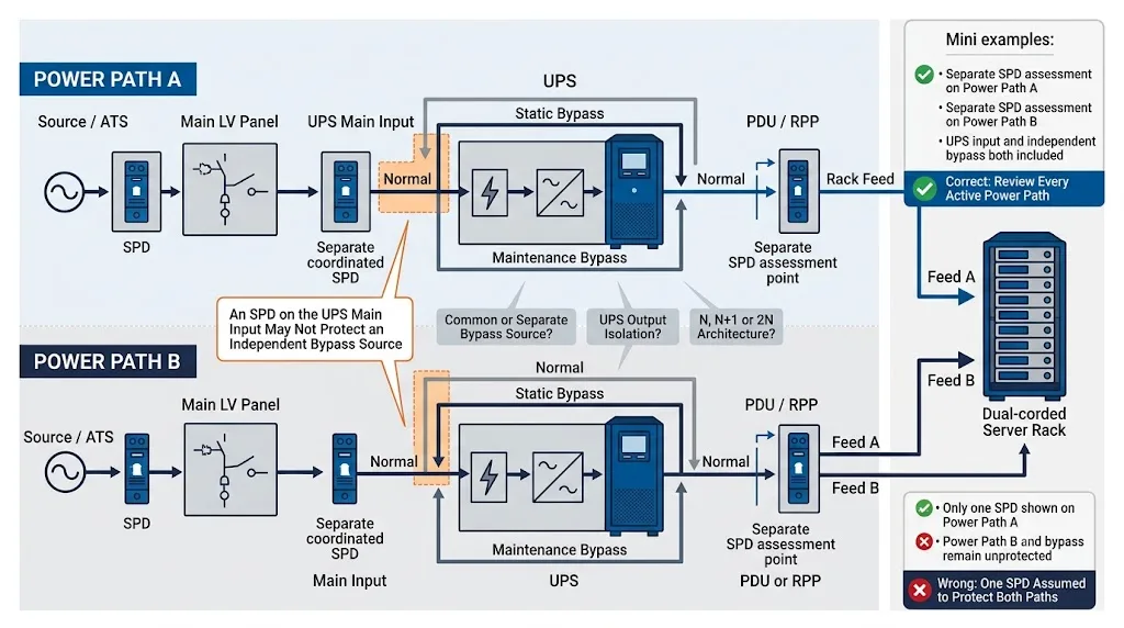 Data center UPS input bypass and A B redundant power path surge protection diagram
