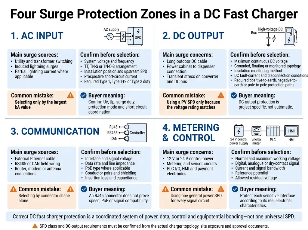 Comparison of AC input, DC output, communication and control circuit surge protection for DC fast chargers