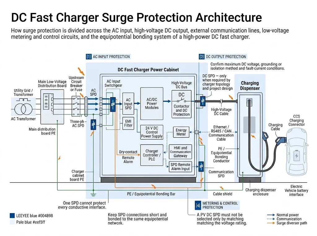 DC fast charger surge protection architecture showing AC input, DC output, communication, control and earthing protection zones