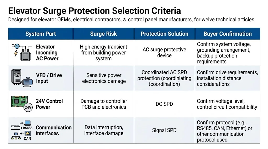 Elevator control panel SPD selection comparison for AC power, VFD, DC control and communication circuits