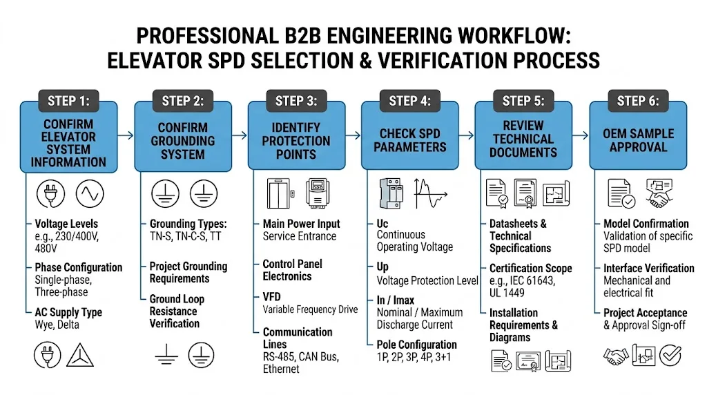 Elevator SPD installation verification workflow from system information review to OEM approval