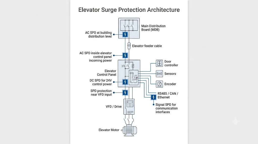 Elevator surge protection architecture showing power, control panel, VFD and communication protection points
