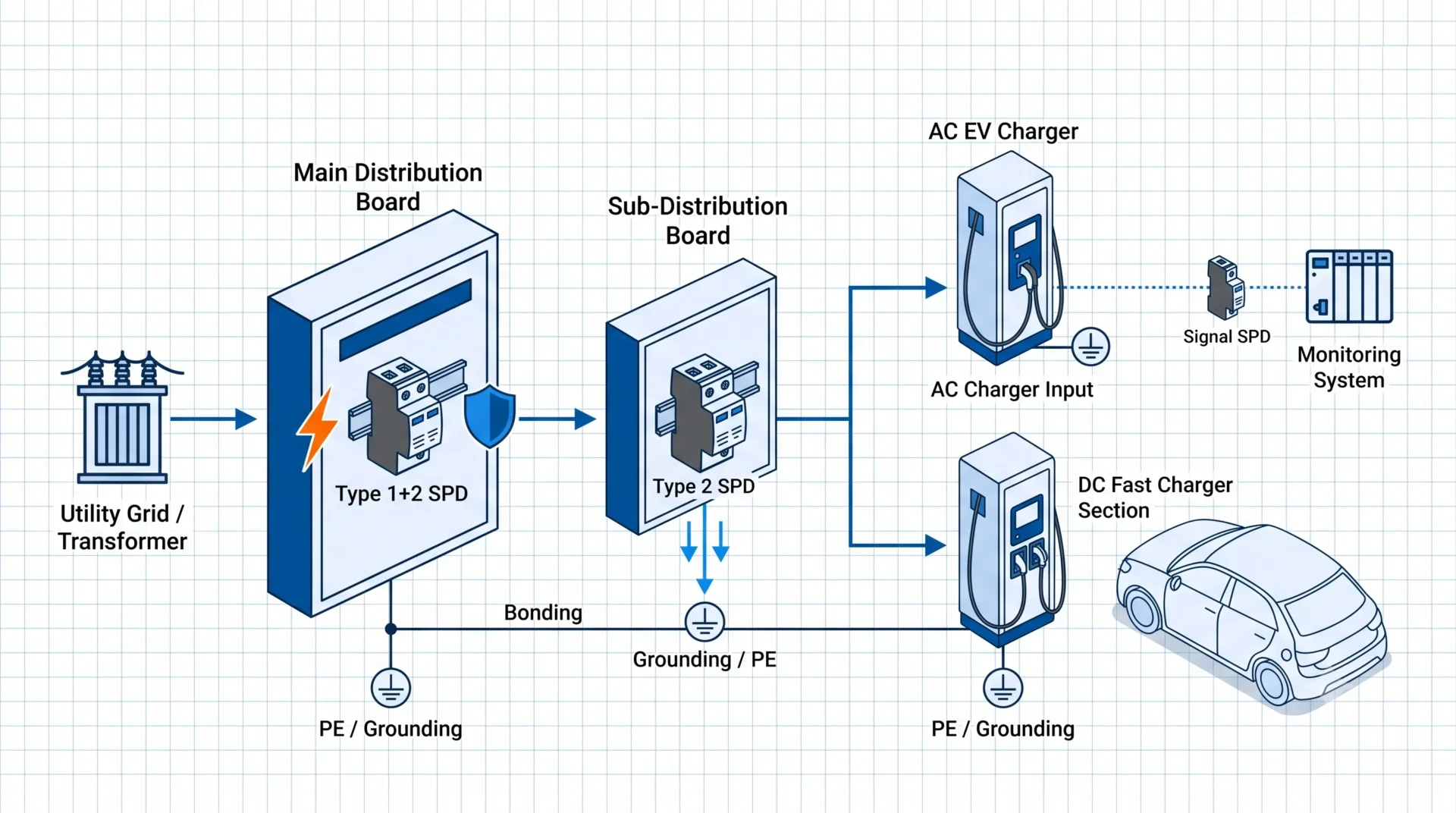 EV charging station SPD protection architecture for main distribution board, charger input, DC fast charger, and signal lines