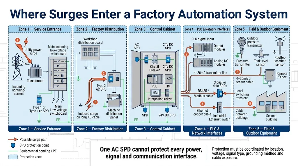 Surge entry points and coordinated protection zones in a factory automation system