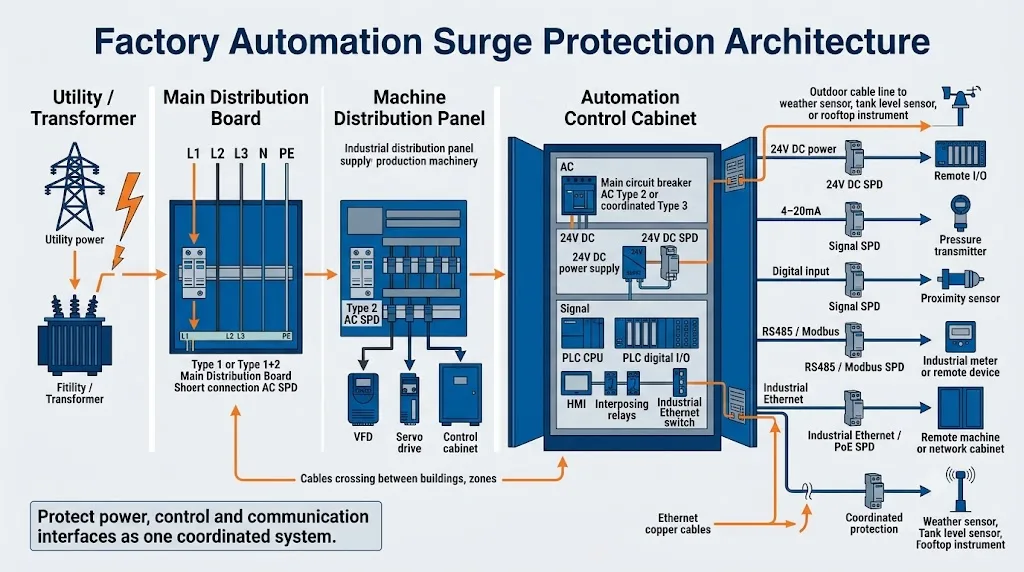 Factory automation surge protection architecture for AC power, 24V DC, PLC I/O and industrial communication networks