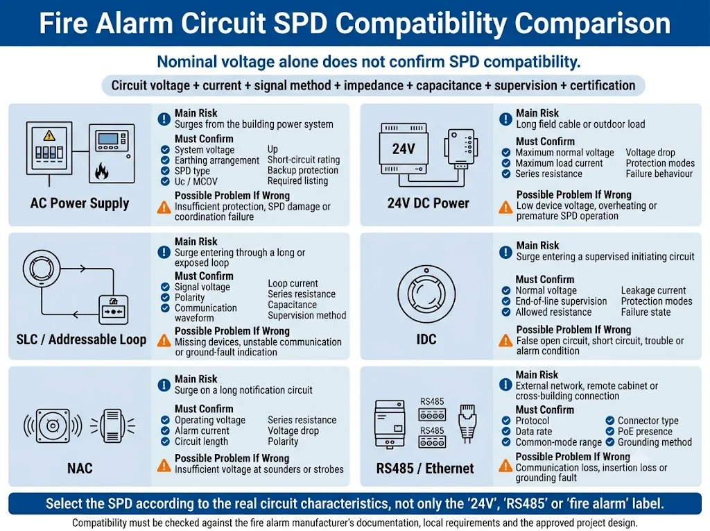 Comparison of SPD compatibility requirements for fire alarm AC power, 24V DC, SLC, IDC, NAC, RS485, and Ethernet circuits