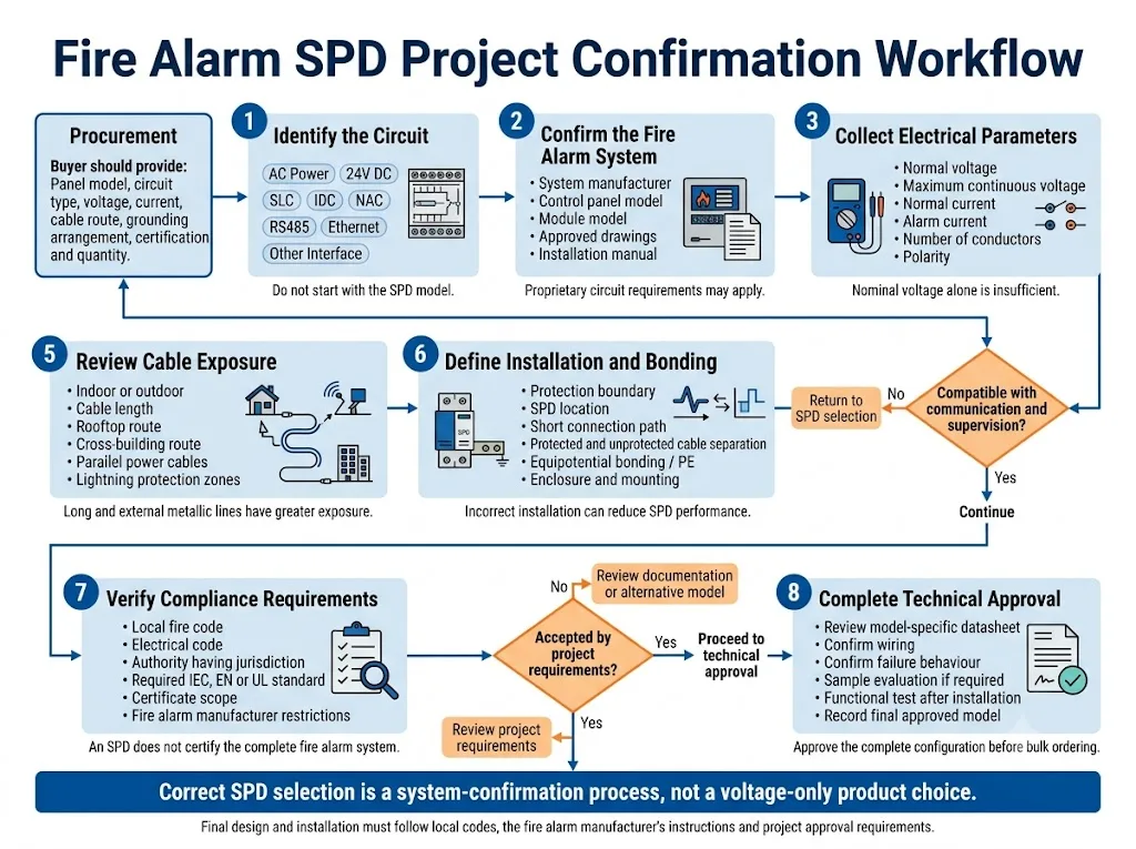 Fire alarm SPD project confirmation workflow covering circuit identification, electrical parameters, signal compatibility, cable exposure, codes, certification, and approval