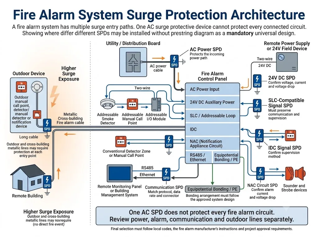 Fire alarm system surge protection architecture showing AC power, 24V circuits, alarm loops, communication lines, outdoor devices, and SPD installation points
