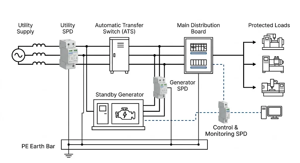 Industrial standby generator surge protection architecture showing generator, ATS, main distribution board and SPD installation points