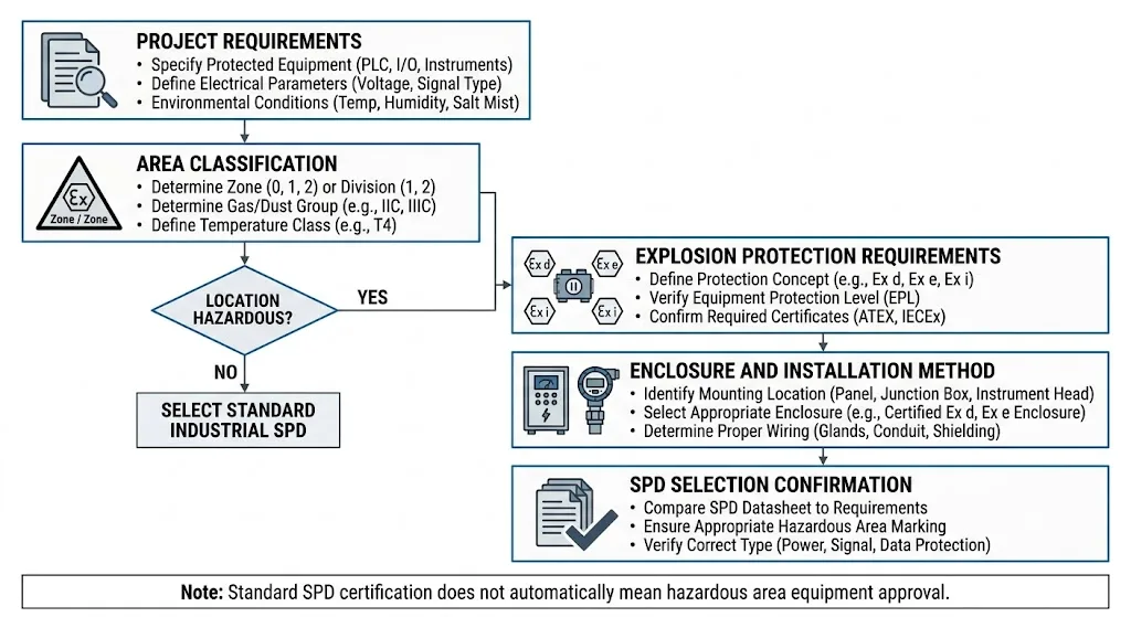 Hazardous area surge protection selection confirmation workflow for oil and gas projects