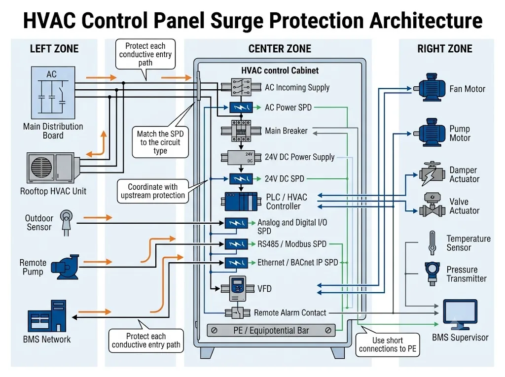 HVAC control panel surge protection architecture for AC power, 24V DC, BMS communication, VFD, fans and pumps