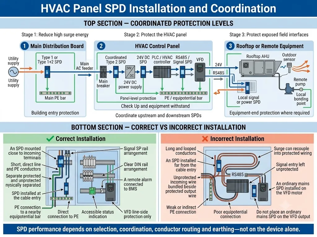 Correct HVAC control panel SPD installation and coordination from the main distribution board to field equipment