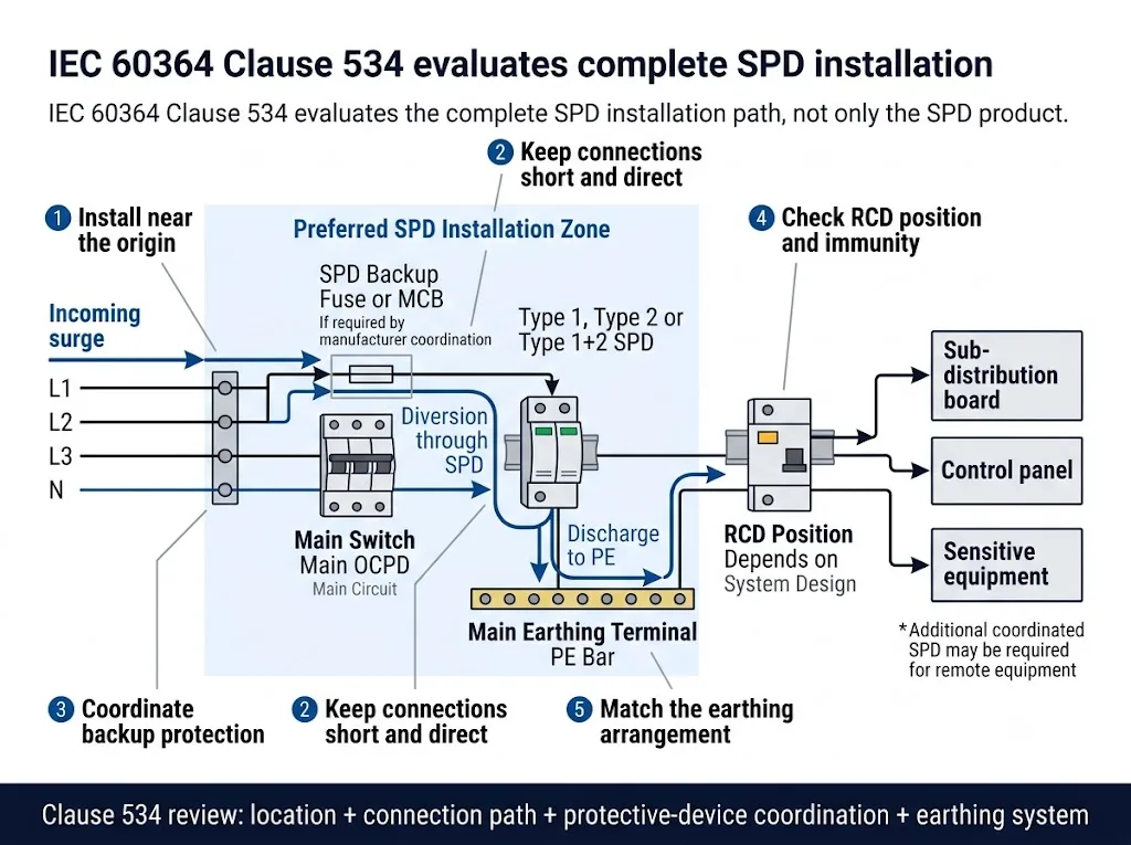 IEC 60364 Clause 534 SPD installation architecture showing SPD location, backup protection, RCD position and earthing path