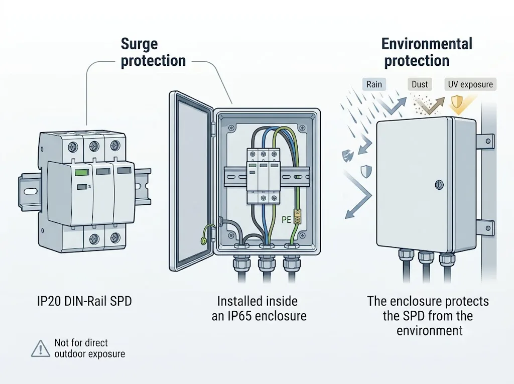 IP20 DIN rail SPD installed inside an IP65 outdoor enclosure