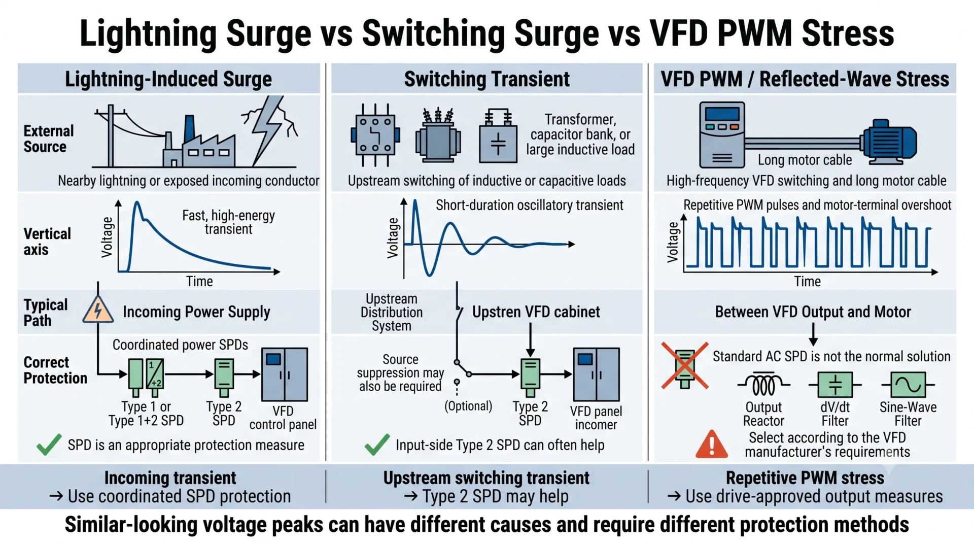 Comparison of a lightning-induced surge, an upstream switching transient and repetitive VFD PWM reflected-wave voltage stress with their different protection methods