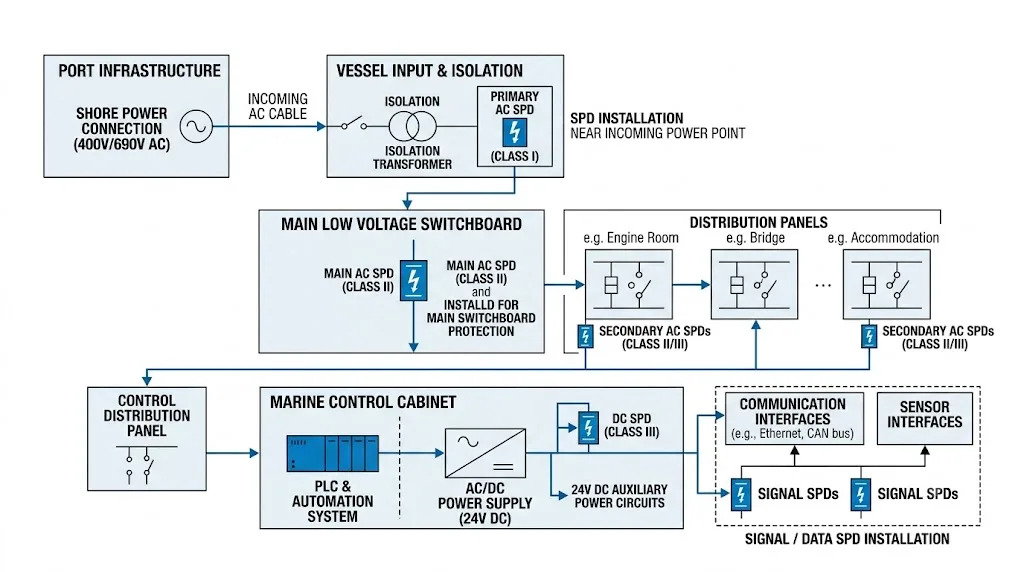 Marine low voltage surge protection architecture showing SPD protection points for shore power, LV panels and control systems
