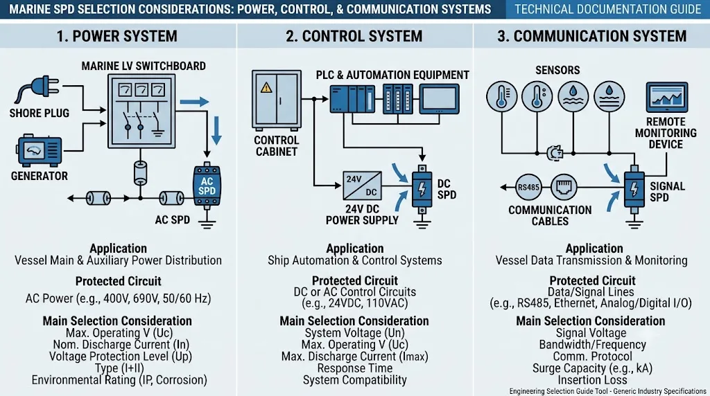 Marine SPD selection comparison for power panels, control cabinets and communication systems