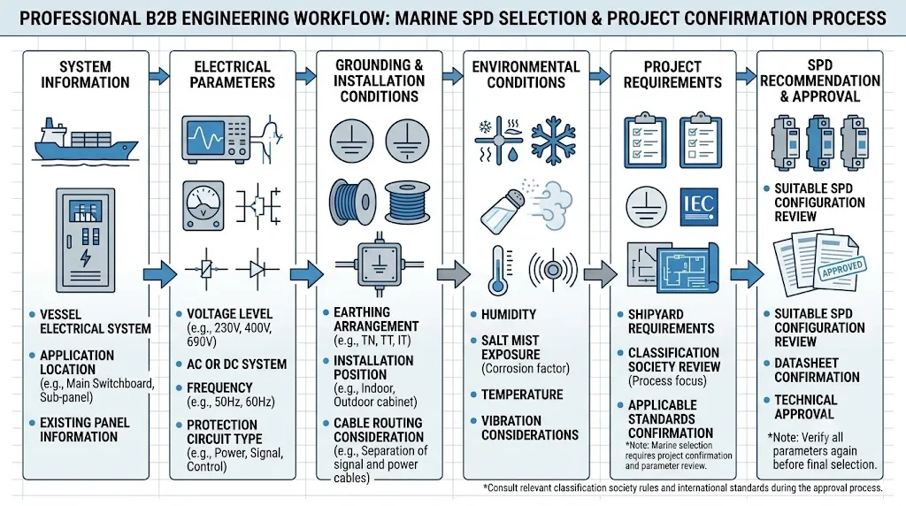 Marine SPD selection workflow from system information review to project confirmation