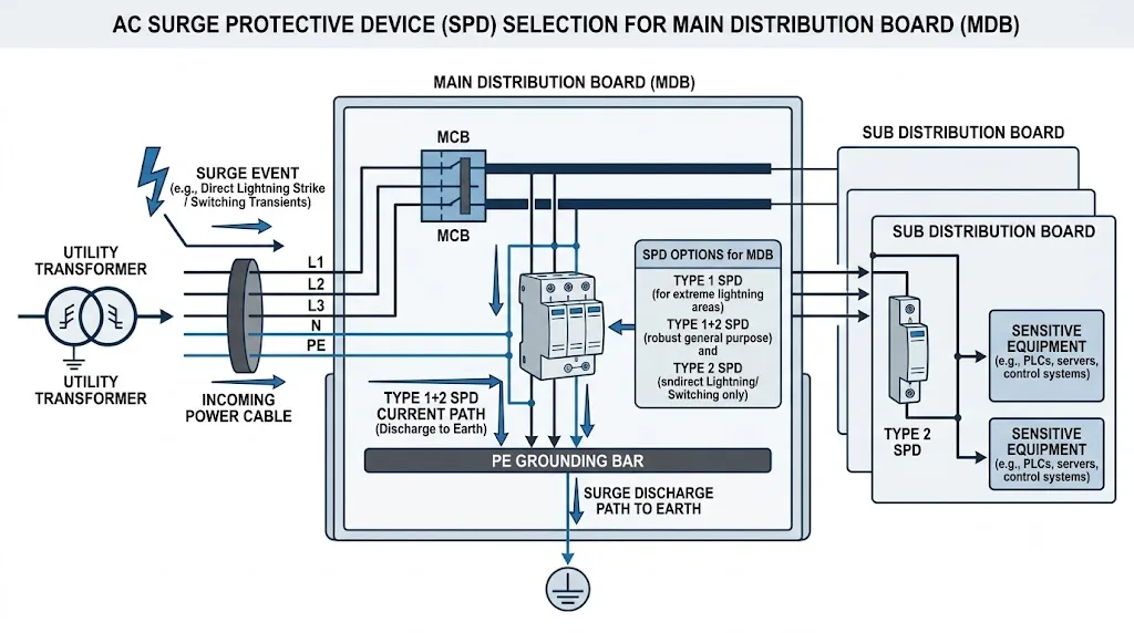 Main distribution board AC SPD protection architecture showing the incoming supply, MDB installation point, earthing path and downstream distribution