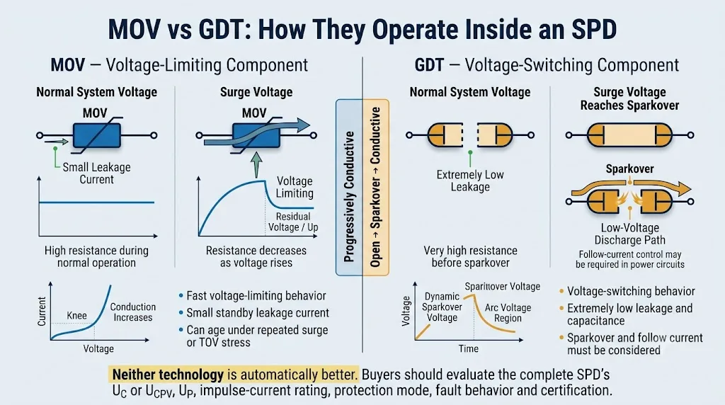 MOV voltage-limiting versus GDT voltage-switching operating principle in surge protective devices
