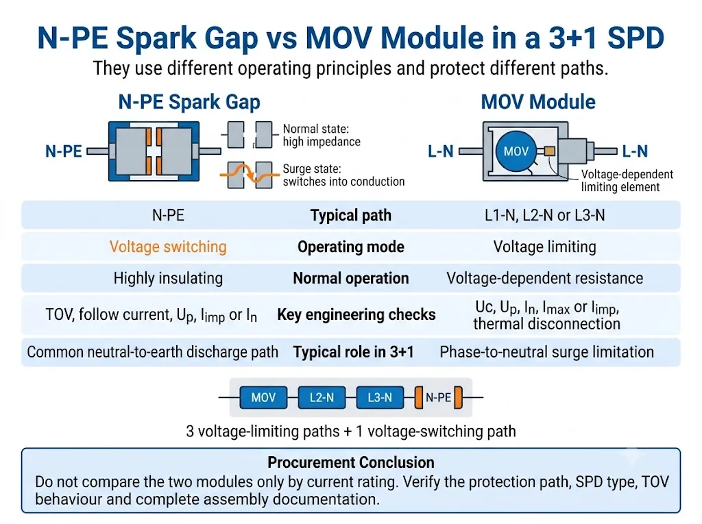 Comparison of an N-PE spark gap module and MOV modules in a 3+1 SPD