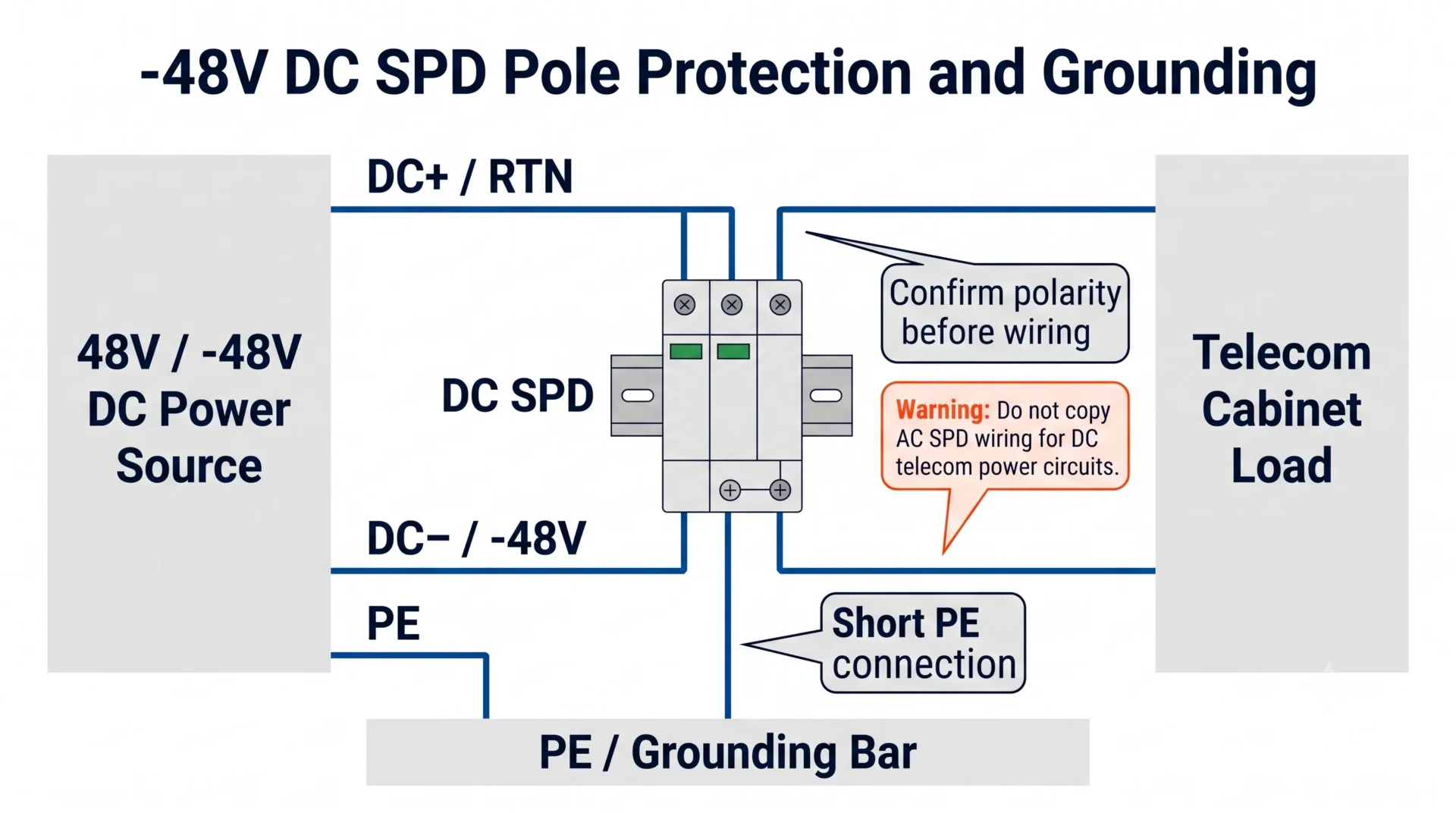 Negative 48V DC telecom SPD pole protection and grounding diagram