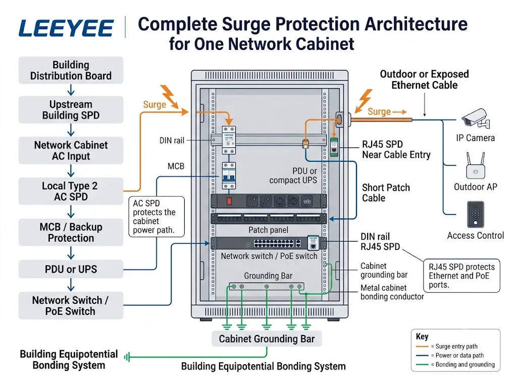 Network cabinet surge protection architecture for AC power, RJ45 and PoE